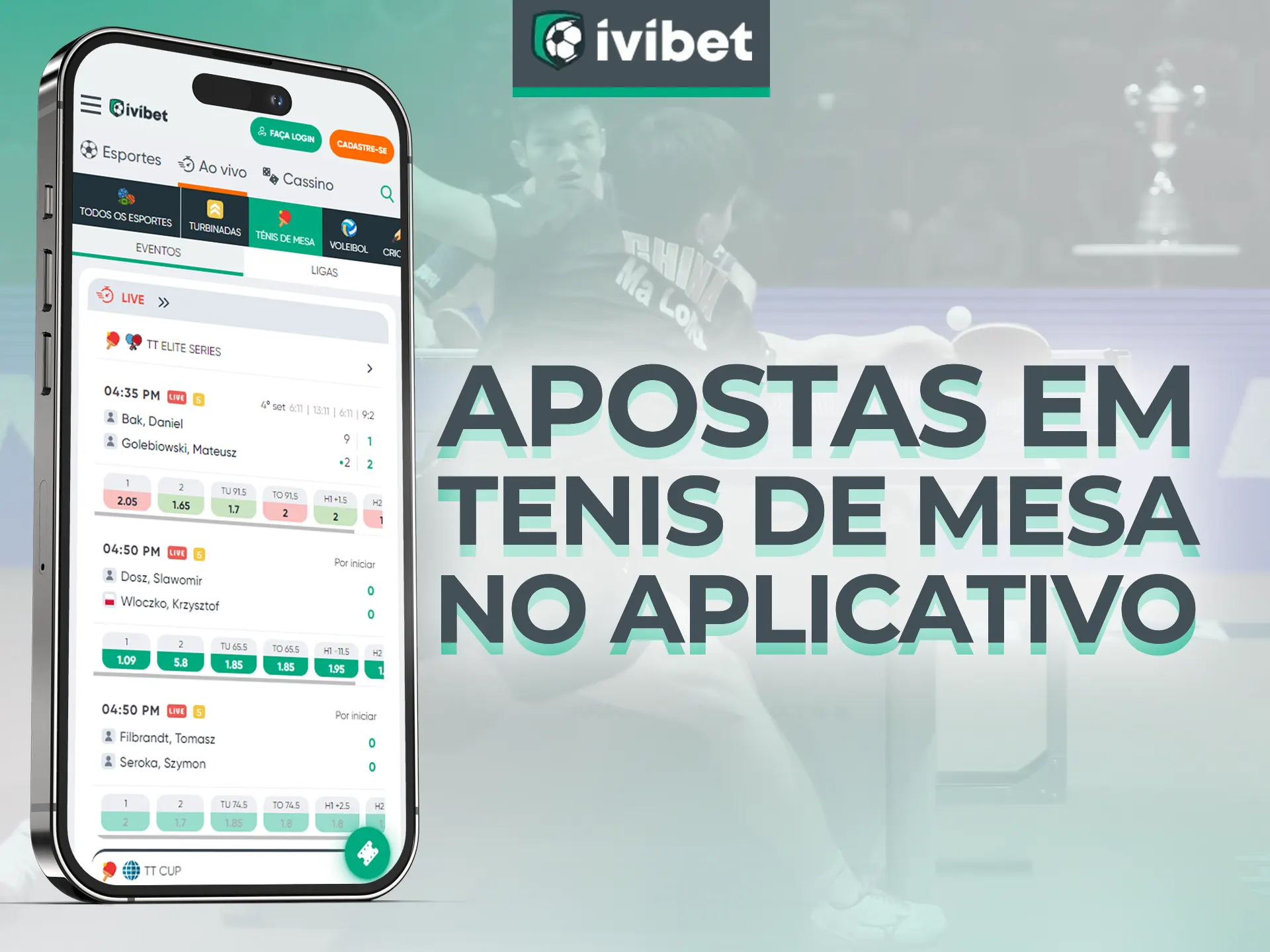 Aposte em partidas de Tênis de Mesa através do app Ivibet com facilidade.