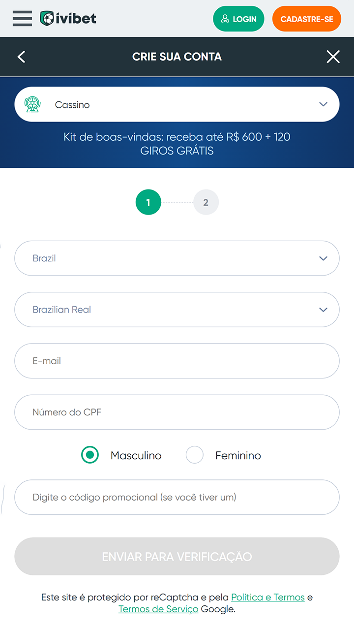 Formulário de registro no site da Ivibet.
